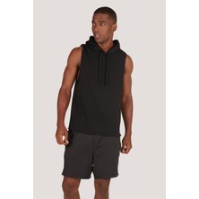 Zinde LIFE P-005672-ERKEK Kapüşonlu Kolsuz Rahat Kesim Sıfır Kol Pamuklu Casual Spor T-Shirt - Tişört-Siyah