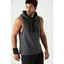 Zinde LIFE P-005672-ERKEK Kapüşonlu Kolsuz Rahat Kesim Sıfır Kol Pamuklu Casual Spor T-Shirt - Tişört-Antra Melanj