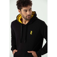 Zinde LIFE P-005671-ERKEK Kapüşonlu Sweatshirt Diagonal Uzun Kollu Rahat Kesim 3 Iplik Spor Pamuklu Sweatshirt-Siyah