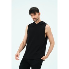 Zinde LIFE P-006690-ERKEK Kapüşonlu Kolsuz Sıfır Kol Pamuklu 2 Iplik Spor Sweatshirt  / T-Shirt-Siyah