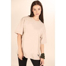 Zinde LIFE P-005478-KADIN 100% Pamuklu Oversize  Kısa Kol T-Shirt-Bej