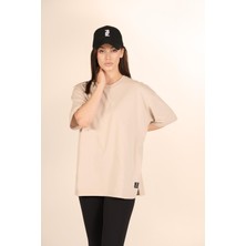 Zinde LIFE P-005478-KADIN 100% Pamuklu Oversize  Kısa Kol T-Shirt-Bej