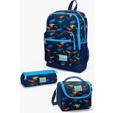 Coral High Kids Lacivert-Mavi Dinazor Desenli 3’lü Okul Çanta Seti – Sırt Çantası, Beslenme Çantası ve Kalemlik