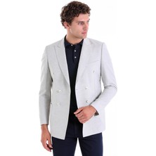 Saykı Gri Slim Fit Düz Sivri Yaka Kruvaze Keten Ceket