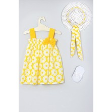Ada Bebek Çocuk Şapkalı Çiçek Desenli Elbise Babet Çorap Set 010