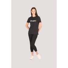Zinde LIFE P-002993-KADIN %100 Pamuklu Bisiklet Yaka Kısa Kol Rahat Kesim Casual Spor T-Shirt - Tişört-Siyah