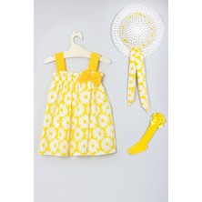 Ada Bebek Çocuk Şapkalı Çiçek Desenli Elbise Dizaltı Fiyonk Çorap Set 010