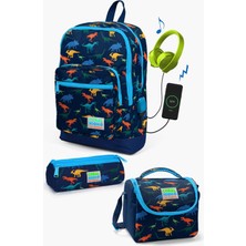 Coral High Kids Lacivert Dinazor Desenli Usb' li 3’ lü Okul Çanta Seti - SET0123289