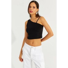 Hazelin Kadın Siyah Askılı Tek Omuz Likralı Crop Bluz HZL23S-SND120171