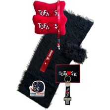 Tusba Market Tofaş Torpido Üstü Uzun Tüylü Siyah Peluş Örtü / Kırmızı Polar Boyun Yastık & Oto Aksesuar Seti