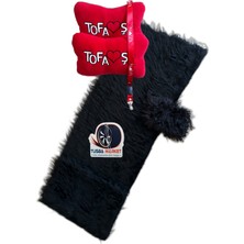 Tusba Market Tofaş Torpido Üstü Uzun Tüylü Siyah Peluş Örtü & Kırmızı Polar Boyun Yastık & Vites Püskülü