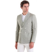 Saykı Olive Slim Fit Düz Sivri Yaka Kruvaze Keten Ceket