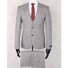 Jan Carlucci Slim Fit Sivri Yaka-Çift Yırtmaç Taş Rengi Drop 6 Yelekli Takım Elbise