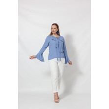 Moda Berray 3241-5I Indigo Ispanyol Kol Boyun Bağlama Detaylı Bluz