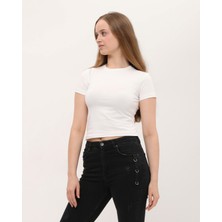 Owut Collection Beyaz %100 Pamuk Crop Bisiklet Yaka Örme T-Shirt