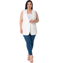 Disentis Modest Büyük Beden Tek Düğmeli Süs Cep Kapaklı Beyaz Astarlı Yelek