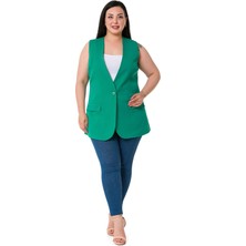 Disentis Modest Büyük Beden Tek Düğmeli Süs Cep Kapaklı Yeşil Astarlı Yelek