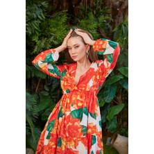 Marina Boutique Kalın Şifon Kumaş Turuncu Desenli Elbise