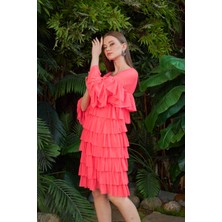 Marina Boutique Fırfırlı Neon Pembe Tül Elbise