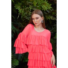 Marina Boutique Fırfırlı Neon Pembe Tül Elbise