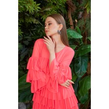 Marina Boutique Fırfırlı Neon Pembe Tül Elbise