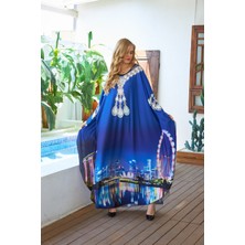 Marina Boutique Mavi Şehir Desenli Krep Kumaş Abaya