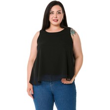 Disentis Modest Büyük Beden Arkadan Bağlama Detaylı Şifon Siyah Bluz