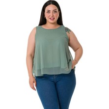 Disentis Modest Büyük Beden Arkadan Bağlama Detaylı Şifon Su Yeşili Bluz