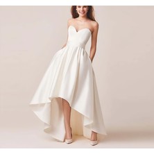 NSM Life Kadın Asimetrik Cepli Minimalist Düğün Nikah Etek Sade Şık Saten Beyaz Etek