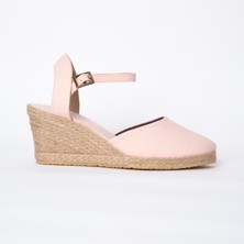 Star Tombis Topuğu Açık Bilekten Bantlı Dolgu Topuk Pembe Keten Hasır Espadril