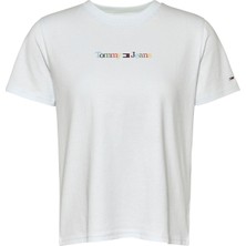 Tommy Jeans Bisiklet Yaka Düz Mavi Kadın T-Shirt Tjw Reg Color Serıf Lınear Ss