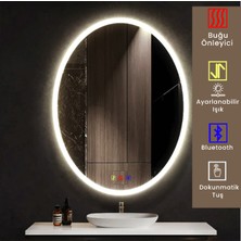 Buğusan 60X80 cm Bluetoothlu Buğu Çözücülü Dokunmatik Işıklı Kumlamalı Elips Banyo Aynası