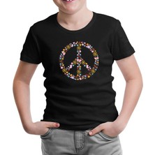 Lord T-Shirt Floral Butterfly Birds Peace Symbol Siyah Çocuk Tshirt