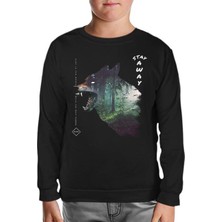 Lord T-Shirt Wild Wolf In The Forest Siyah Çocuk Sweatshirt