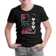 Japanese Quote And Flowers Over A Skull Siyah Çocuk Tshirt