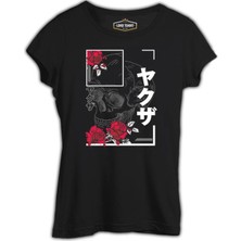 Lord T-Shirt Japanese Quote And Flowers Over A Skull Siyah Kadın Tshirt