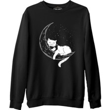 Lord T-Shirt Black Cat Reading On The Moon Siyah Erkek Kalın Sweatshirt