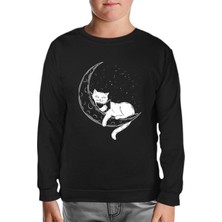 Lord T-Shirt Black Cat Reading On The Moon Siyah Çocuk Sweatshirt