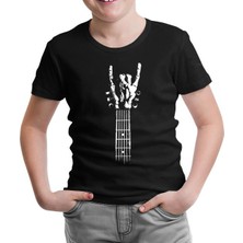 Skeleton Hand Doing Rock Sign On Guitar Siyah Çocuk Tshirt