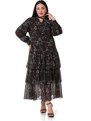 Disentis Modest Büyük Beden Eteği Kat Kat Siyah Zemin Üzerine Kırmızı Çiçekli Astarlı Şifon Elbise