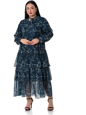Disentis Modest Büyük Beden Eteği Kat Kat Lacivert Zemin Üzerine Beyaz Çiçekli Astarlı Şifon Elbise