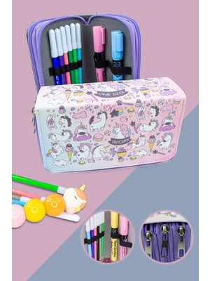 OneSize Kalem Kutusu Unicorn Cute Orginazer Üç Bölmeli Vegan Deri (Kalemlik)