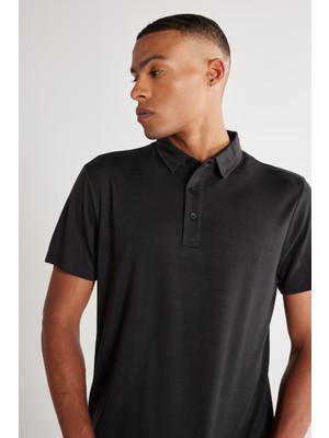 AC&Co / Altınyıldız Classics Erkek Siyah Slim Fit Dar Kesim Polo Yaka Kısa Kollu Tişört