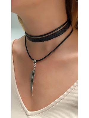 Kutcha Accessories Kutcha Siyah Yaprak Figürlü Choker Kolye