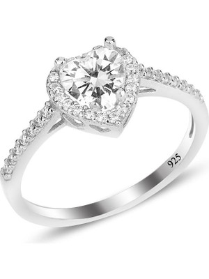 Söğütlü Silver Gümüş Rodyumlu Zirkon Taşlı Pırlanta Montürlü Kalp Modeli Yüzük