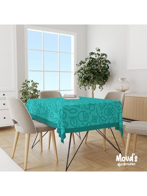 Moud'S Turkuaz Flora Serisi Desenli Kare - Dikdörtgen Süet Dertsiz Masa Örtüsü