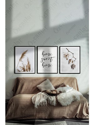 Özcanlar Çerçeve Home Sweet Home Temalı Çerçevesiz Çerçeve Görünümlü 3 Parça Mdf  Pampas Duvar Tablo Seti
