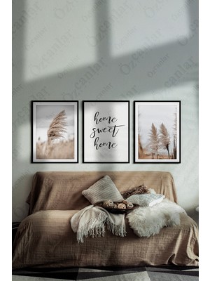 Özcanlar Çerçeve Home Sweet Home Çerçevesiz Çerçeve Görünümlü 3 Parça Mdf  Duvar  Pampas Tablo Seti Lazer Kesim