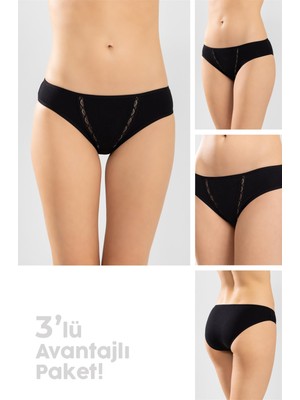 Baykar Kadın Pamuklu Zikzak Işlemeli Bikini Kesim Külot 3'lü Paket Siyah