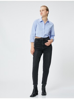 Koton Yüksek Bel Kot Pantolon Hafif Dar Kesim - Mom Slim Jean